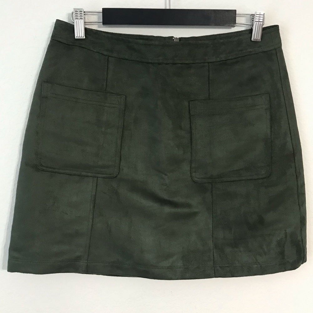 Old Navy Moto Faux Suede Military Olive Green Preppy Academia Mini Skirt - Picture 2 of 7